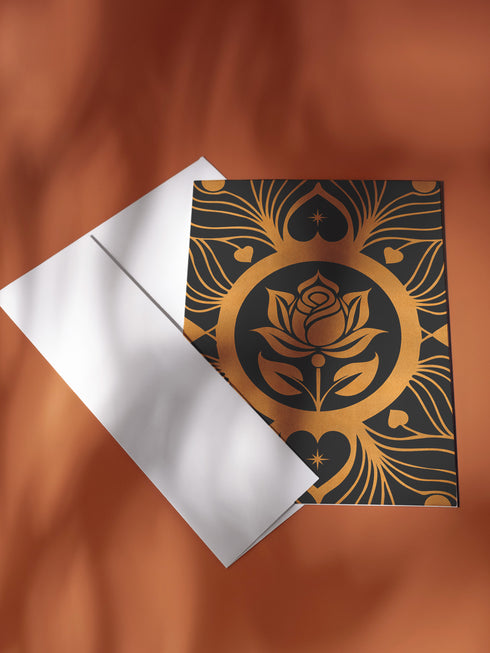 Luxury ritual card featuring golden Art Nouveau rose design on deep emerald background with heart motifs. Inside contains self-love and romance rituals. Perfect for Valentine's Day or personal spiritual practice.